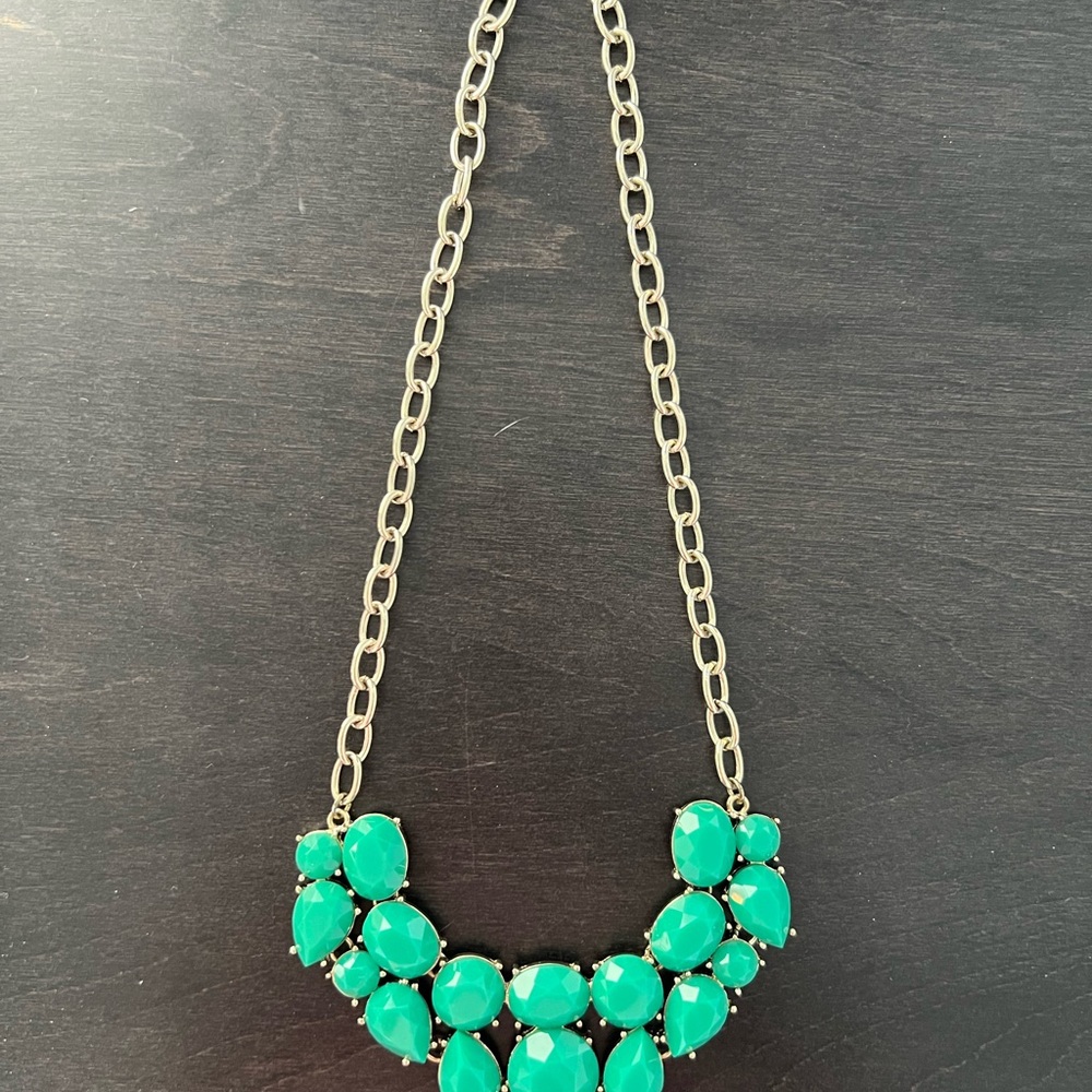 Green Statement Necklace with Gold Chain and Geometric Shapes